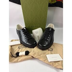 Gucci Men's GG Embossed Tennis Sneaker in Black Leather SZ 14 w/Box & Dust Bags